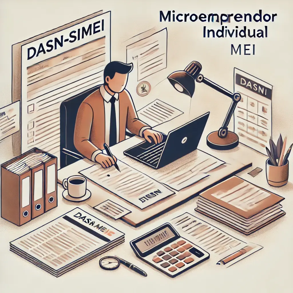 Ilustração de um contador à mesa preenchendo a declaração anual do MEI no computador, cercado de pastas de documentos