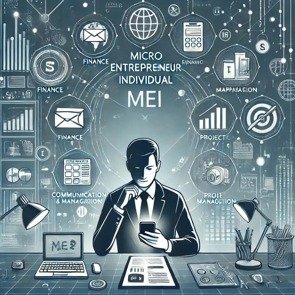 Ilustração de um microempreendedor usando o celular, cercado de ícones de aplicativos de gestão e finanças