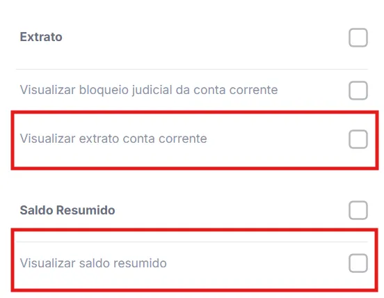 Tela de permissões do perfil no Banco Inter com as opções Visualizar extrato conta corrente e Visualizar saldo resumido destacadas em vermelho