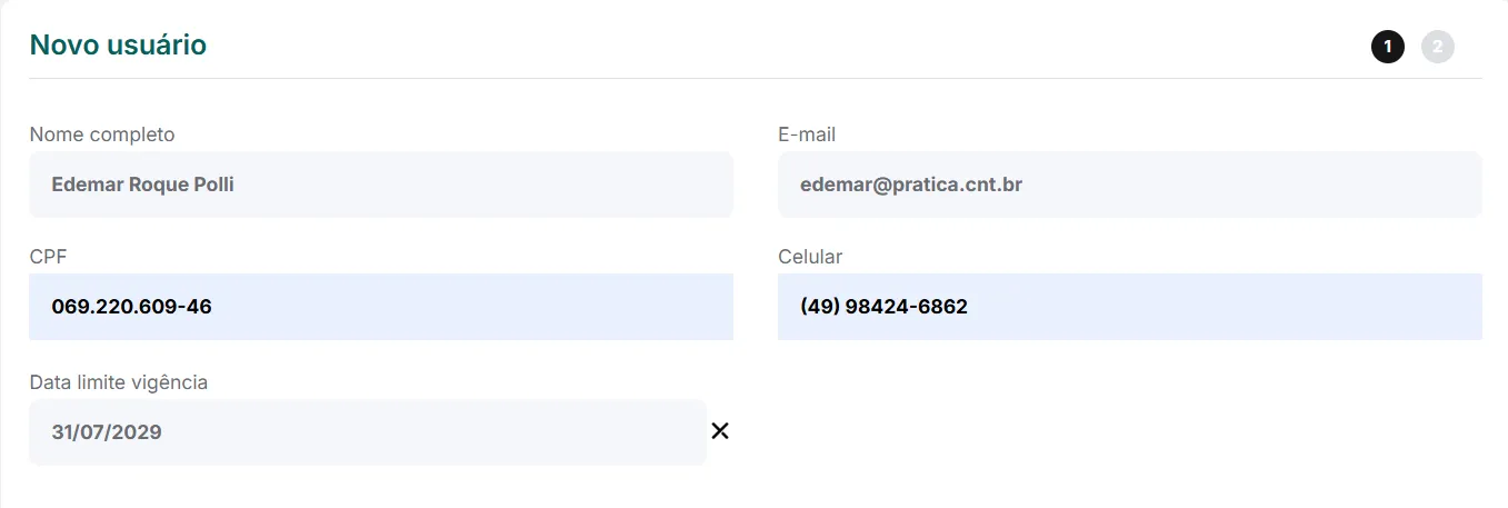 Formulário de novo usuário no Banco Inter preenchido com nome, e-mail, CPF, celular e data limite de vigência