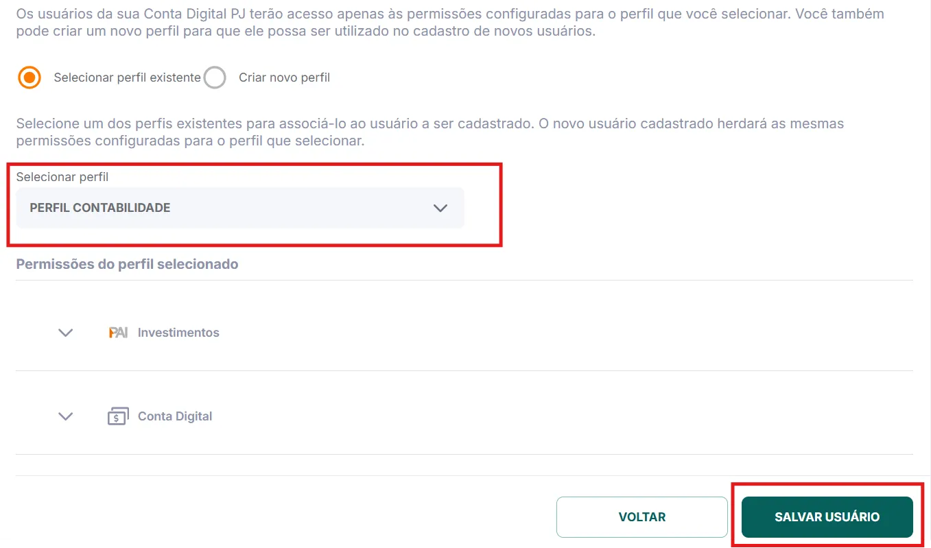 Tela de seleção de perfil no Banco Inter com Perfil Contabilidade selecionado e o botão Salvar usuário destacado em vermelho