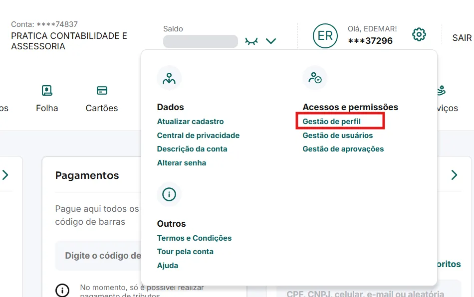 Menu do internet banking do Banco Inter com a opção Gestão de perfil destacada em vermelho