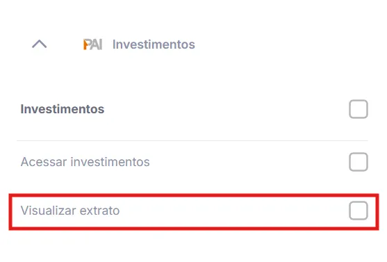 Tela de permissões de Investimentos no Banco Inter com a opção Visualizar extrato destacada em vermelho