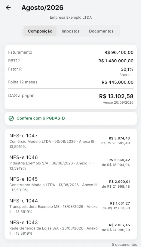 Apuração do Simples do mês aberta no aplicativo