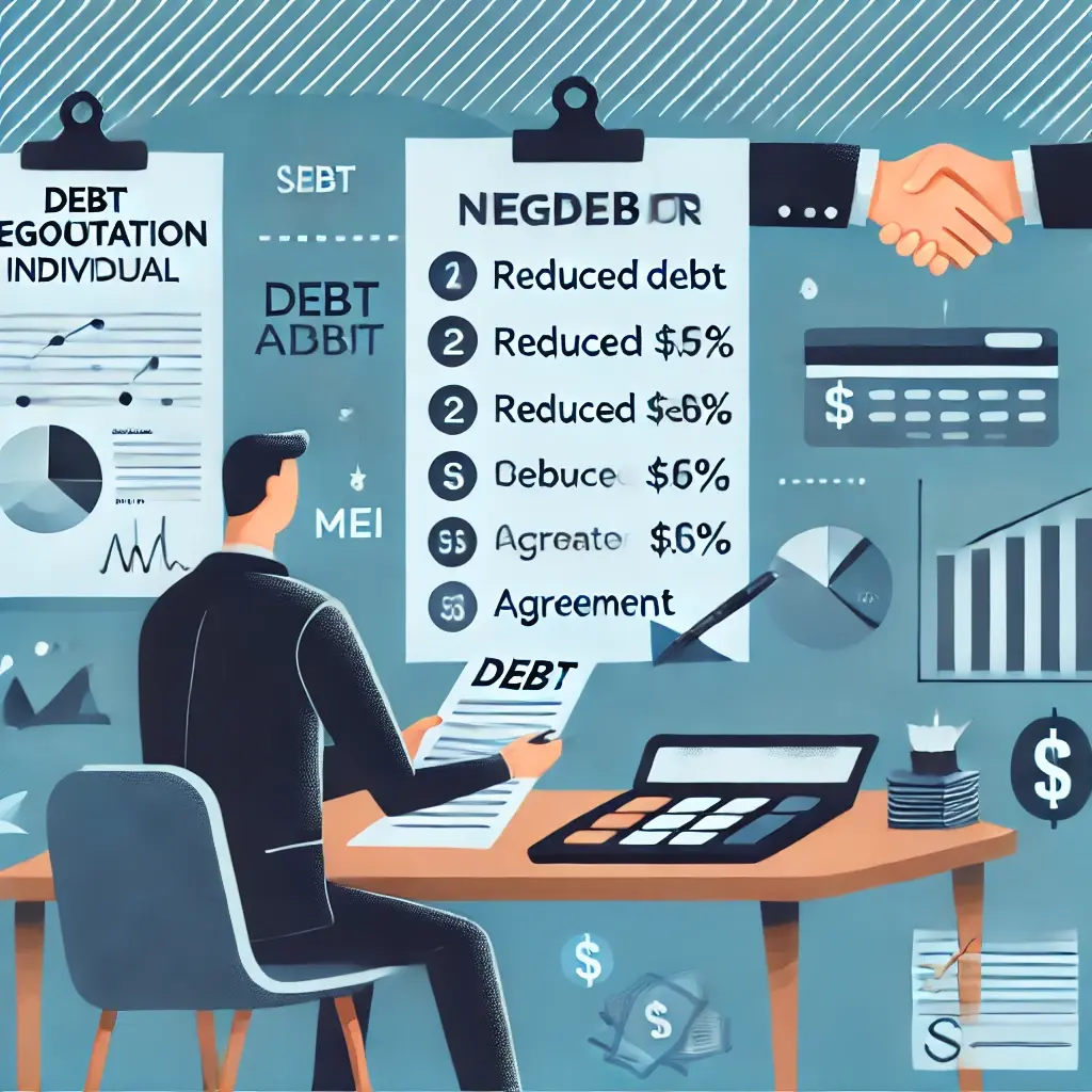 Ilustração de um empresário diante de um painel de dívidas renegociadas com percentuais de desconto