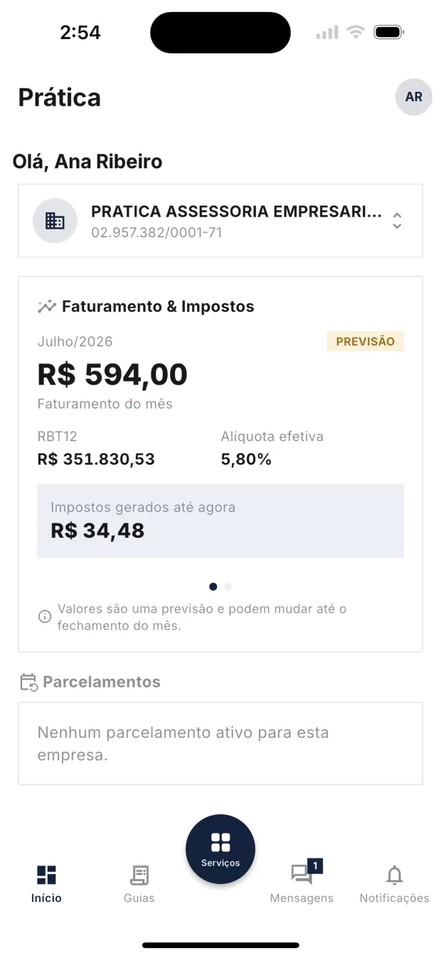 Tela do aplicativo mostrando faturamento do mês, alíquota efetiva e impostos gerados